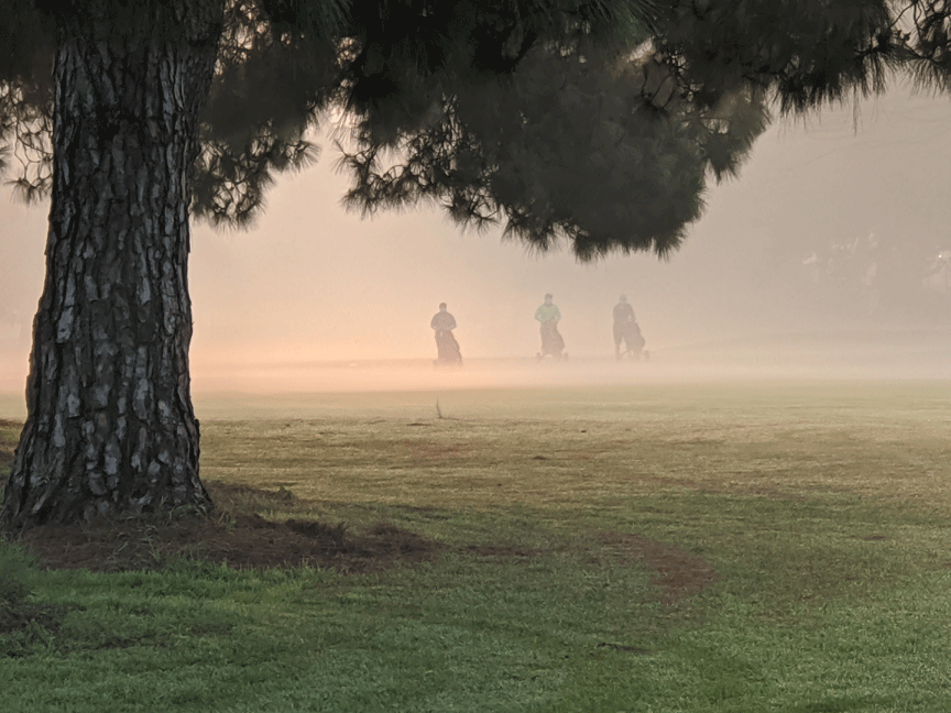 Golfers in fog