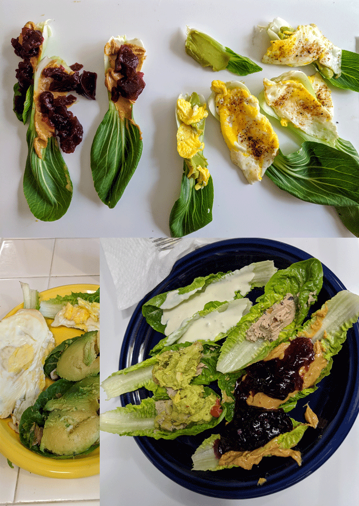 Baby bok choy and romaine lettuce with egg, peanut butter & jelly, avocado and other fillings